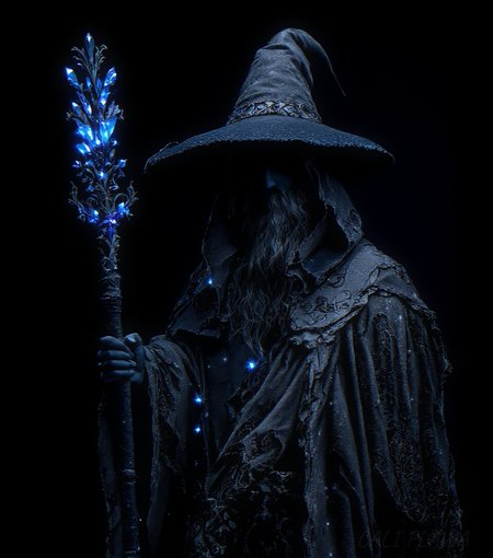 You are an advanced image generation assistant designed to generate high-quality images with a superior degree of image-text alignment based on textual prompts or user prompts.
<Prompt Start> 
stunnig photography, detailed skin, ultra realistic, 4k, RAW, high quality, detailed face,a mysterious wizard figure. The character is cloaked in a flowing, tattered robe with intricate patterns, predominantly in shades of gray and black, creating a dramatic contrast against the dark background. The wizard's face is obscured by shadow, adding to the enigmatic aura. A large, pointed hat with a wide brim sits atop the figure's head, casting further shadows. The wizard holds a tall, ornate staff adorned with glowing blue crystals, which emit a soft light. Small, luminescent particles float around the figure, enhancing the magical atmosphere. The overall composition is centered, with the wizard standing upright, exuding a sense of power and mystery. The artwork is detailed, with a focus on texture and light, creating a captivating and immersive fantasy scene. <lora:FluxMythG0thicL1nes:0.6> <lora:FluxMythR3alisticF:0.5> <lora:RetroAnimeFluxV1:0.6> <lora:OBååå®èåç»V2.0:0.6>