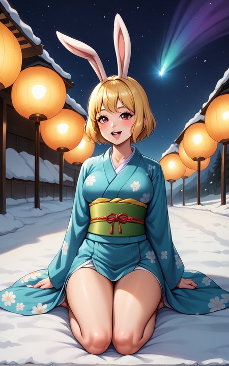 score_9, score_8_up, score_7_up, BREAK
Kimono_Wano_Carrot_ownwaifu,
1girl, blonde hair, rabbit girl, furry female, short hair, rabbit tail,  large breasts, rabbit ears, animal ears, collarbone, red eyes, white fur, animal nose, body fur, buck teeth, bangs, groin, white skin, 
japanese clothes, kimono, obi, sash, floral print, 
(sitting, looking up), aurora, shooting star,  star \(sky\), winter, snow, night, scenery, outdoors,  <lora:PONYXL_ONEPIECE_Wano_Carrot_ownwaifu:0.75> , depth of field, solo,