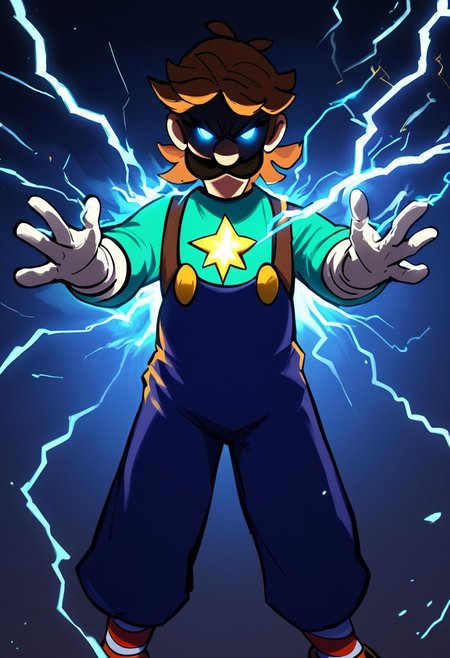 score_9, score_8_up, score_7_up 
   , masterpiece, beautiful,,electric powers, electricity bend, dynamic pose, dramatic lighting, itluigi, angry, bend knees,cartoon-style, green hat, green long-sleeved shirt, blue overalls, moustache, round nose, brown shoes, white gloves, yellow buttons, brown hair, slim, striped socks, red and white socks, l emblem on hat, looking at viewer, blue eyes,  twinkling particles, stardust, eye_trail, glowing eyes,lightning thunder trails, lthndrtrl, lot of lightning coursing along body, electric yellow glow, large sparks of electricity, masterpiece, best quality, very aesthetic, made of golden and blue and red and yellow and purple lightning thunder trails , lthndrtrl, high score, great score, absurdres, shaded face,shaded face, (black face:1.2)glowing eyes