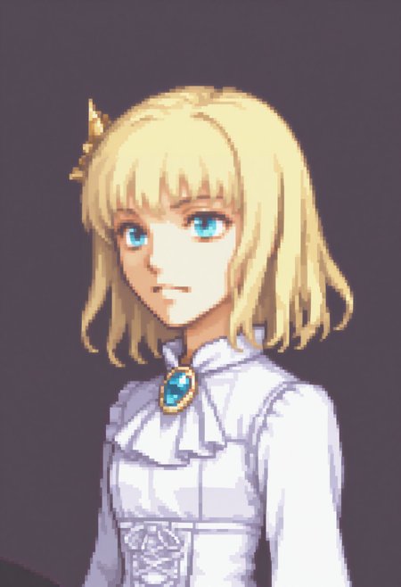masterpiece,best quality,absurdres,highres,very aesthetic,high quality,detailed,insanely detailed,beautiful,perfect lighting, looking at viewer, 
 <lora:Leivinia Birdway illu:1> 1girl, blonde hair, blue eyes, short hair, white dress, ascot, frills, hair ornament, black pantyhose, long sleeves <lora:FEGBA-PortraitsV2-illus_Fp:1> portrait, pixel art, simple background, upper body,