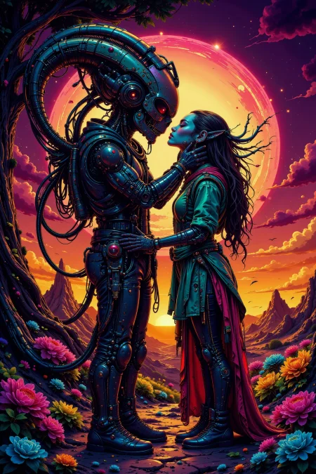 A man kissing a female alien, sunset, woman, very intricate, very detailed, sharp, bright, colorful, <lora:Hand v2:0.5> <lora:Anti-Blur:1><lora:Insane Detail Slider:0.25>  <lora:flux.1_lora_flyway_Epic-detail_v2:0.3> <lora:fluxenhancer:0.25><lora:ck-Neon-Retrowave:0.4> ck-rw, in the style of ck-rw,  <lora:Neurocore Anime Cyberpunk:0.8> A digital artwork in the style of cknc