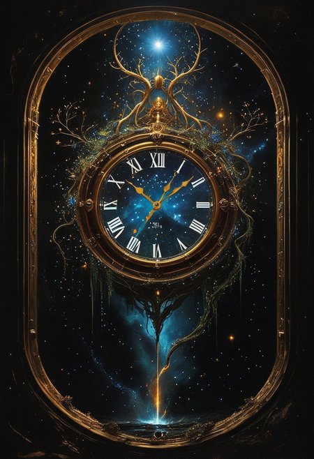 universe, (galaxy:0.5), (nebula:0.5), (stars:0.3)
BREAK
top- down, fantastical and surreal scene, closeup inside of an enormous ancient pocket_clock standing upright with its cover open revealing a magical portal, portal inside the clock, Through the portal is a breathtaking landscape unfolds, towering mountains, a cascading volcano, a steaming river winding through a burned forests, The edges of the pocket_clock are adorned with intricate glowing runes and vines, the clock resting on obsidian floor, mystical touch, illuminated by a crescent moon and twinkling stars, dreamlike and otherworldly atmosphere, sense of adventure and wonder, ((red-blue, artifact,
<lora:aidmaMTG-CardsXL-v0.1:1> ,mtg, mtg card)), view from above, 
(score_9, score_8_up:1.1), score_7_up, a fine color ink lineart sketch, (reflective volumetric), raytracing, absurdres, dark, low-key