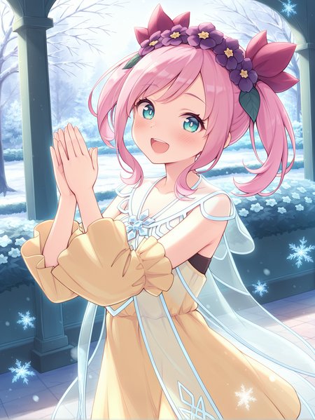 1girl, rikka queen strenna, solo, open mouth, smile,  looking at viewer, blush, :d, winter, purple hair flower, see-through cape, yellow detached sleeves, yellow strapless dress, clapping, snowflakes, garden
masterpiece,best quality,amazing quality,very aesthetic,absurdres,newest,<lora:Rikka Queen Strenna illusXL v1.1:0.7>,