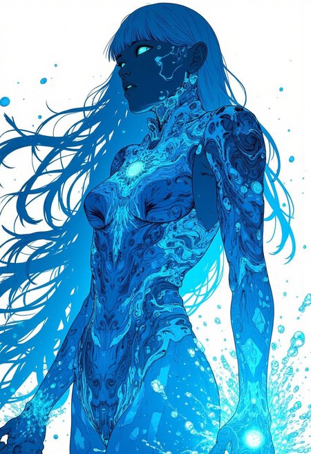 Silhouette Art, magnificent. female water elemental, long blue hair, bangs, pulsing with water and blue electrical energy
