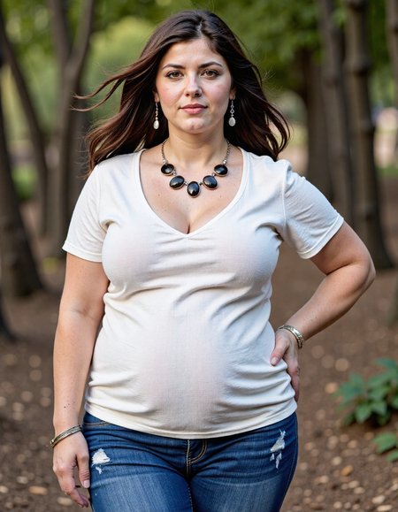 A photo of a woman with a voluptuous figure standing in a warm, earthy environment. She is wearing a form-fitting, deep-neck linen blouse and has flowing, wavy, raven hair. She has a fatty belly. The woman's fair complexion is accentuated by a statement necklace and various boho jewelry.