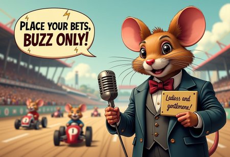 A suave, old-school racetrack announcer mouse stands confidently in front of a grand, bustling racetrack, dressed in a slick suit with a little bow tie and a vintage microphone held in one paw. His suit is slightly oversized, giving him a charmingly scrappy look, and his whiskers are perfectly groomed, adding to his dignified vibe. Behind him, the racetrack is a blur of activity, with other animals racing in little handmade go-karts decorated with lightning bolt emblems.
The mouse announcer holds a small sign that reads, “Place Your Bets, Buzz Only!” in a bold, stylized font with electric symbols accenting the corners. His free paw gestures toward the track with flair, as if he's inviting the crowd to join the excitement.
Above him, a speech bubble declares in a dramatic tone:
“Ladies and gentlemen—time to put your buzz on the line!”
The scene captures a thrilling, fast-paced vibe with a dash of old-school charm, showing the mouse’s passion as he emcees a high-stakes race fueled by buzz in this whimsical animal world.