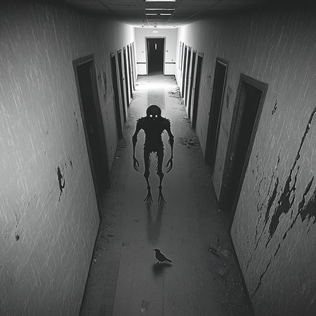 horrorcctvlora, abandoned hallway, horror (theme), monster, monochrome, bird view