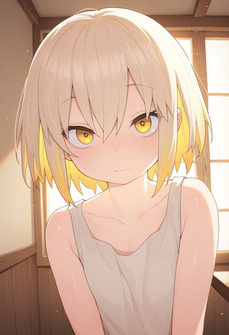 masterpiece,best quality,amazing quality, solo, 1girl, yellow eyes, blonde hair, looking at viewer, short hair, closed mouth, multicolored hair, hair between eyes, bangs, indoors,
 <lora:Henrybird:1>