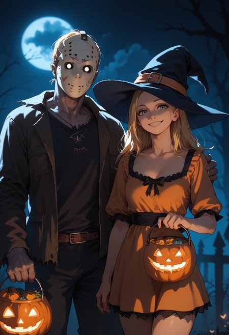 score_9, score_8_up, score_7_up, score_6_up, 1girl, blonde hair, short dress, witch, 
monster, 1boy, dark background, dark theme, backlighting, 
night, halloween bucket, holding, looking at viewer, jack-o'-lantern, smile, couple,
<lora:jason_voorhees_v0.5-pony:1> 
<lora:dark_v1.9-pony:0>