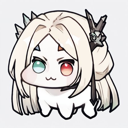 score_9, score_7_up, <lora:Doro_X_PDXL_V1:1.1> doro, creature, :3, chibi, no humans, white skin, four legs, solid circle eyes, no pupils, <lora:eireneptn-ponyxl-beta4-alt-12:1.0>, EirenePTN, heterochromia, forehead mark, platinum blonde hair, gradient hair, long hair, black hair ornament, simple background,