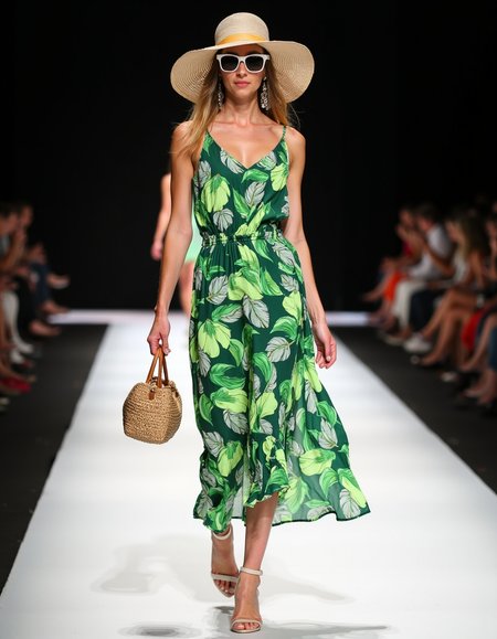 fashion catwalk, lighting, photo, HD, 4k,  full body, 
Women wearing tropical green and leave pattern summer dress, white sunglasses, sun hat, low heels, woven purse bag, 
 <lora:iphone-dev-7:1> iphone photo