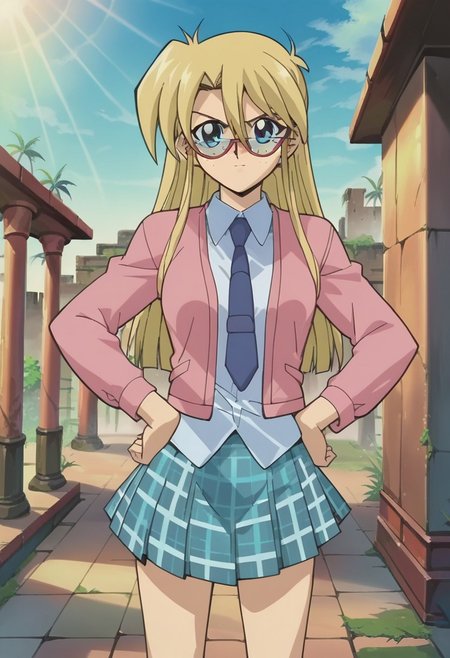 uncensored, score_9__up, score_9, score_8_up, score_8, score_7_up, score_7, score_6_up, score_6, score_5_up, source_anime, anime screencap, anime coloring, highres
solo, upper body, cowboy shot, standing, looking at viewer, hands on hips
marble floor with rays of sunlight,ancient egyptian ruins,tomb,
YGORebecHawki, 1girl, Blonde Hair, freckles, blue eyes,RH2, long hair, hair between eyes, glasses, semi-rimless eyewear, red-framed eyewear, pink sweater, jacket, white collared shirt, blue necktie, teal skirt, plaid skirt, sock, brown footwear, loafers,
