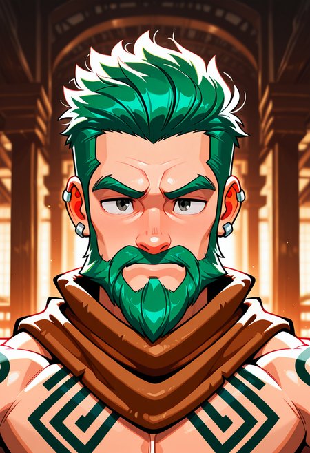masterpiece, best quality, high quality, amazing quality, very aesthetic, high resolution, absurdres
solo, looking_at_viewer, short_hair, 1boy, brown_eyes, jewelry, closed_mouth, upper_body, male_focus, earrings, green_hair, scarf, blurry, lips, tattoo, blurry_background, facial_hair, piercing, thick_eyebrows, ear_piercing, portrait, beard, nose