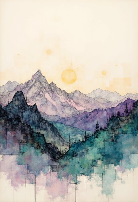 In an expressive minimalistic drawing style, mountain silhouettes stand boldly against an ambient sky. Limited color palette captures sunlights golden glow and moonlights ethereal hues with charcoal greys, soft purples, and splashes of emerald green to portray vegetation. Distinctive lines define rocky terrain while intricate negative spaces suggest craggy peaks reaching into infinite expanse. Each curve and stroke invites introspection into the stillness of natures grandeur. A harmonious balance between simplicity and sophistication creates an immersive experience where tranquility holds sway over this minimalist landscape. ,<lora:flux/fav/Digital painting V1.safetensors:1.0:1.0>