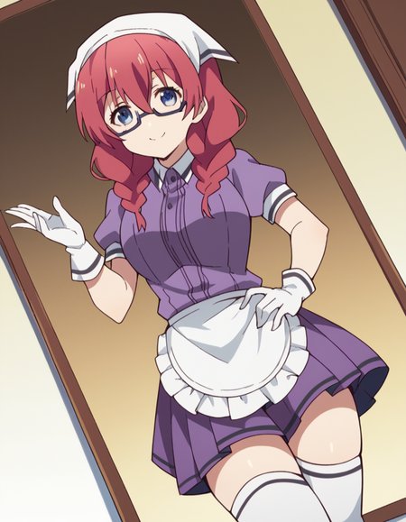 score_9, score_8_up, score_7_up, source_anime, <lora:miu-amano-s1-ponyxl-lora-nochekaiser:1>, miu amano, long hair, bangs, blue eyes, braid, red hair, glasses, twin braids, semi-rimless eyewear, under-rim eyewear, large breasts,, skirt, shirt, thighhighs, gloves, short sleeves, pleated skirt, glasses, puffy sleeves, white gloves, apron, white thighhighs, puffy short sleeves, waist apron, purple skirt, purple shirt, waitress, head scarf,, museum, art exhibit, paintings, observing, quiet contemplation, cultural experience, smile, looking at viewer, knee bent, hand on hip, arm outstretched, solo,, cowboy shot, dutch angle