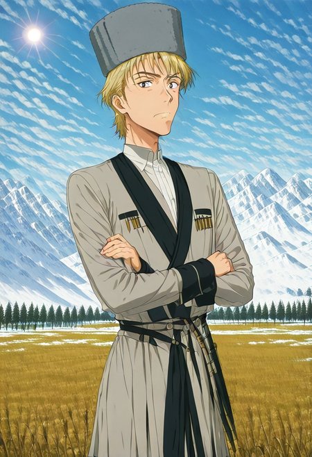 general,highres, ultra-detailed,very aesthetic,best quality ,best hands,masterpiece, best quality, newest, highres, score_9, score_8_up, score_7_up, source_anime, rating_explicit,1boy, yokota mamoru style,motion lines,,Very straight nose，slim,slender face,perfect nose,thinking
1 young handsome man, blonde hair, short hair, 
 anime screencap, anime papakh,cowboy shot,looking at the viewer,fur hat,grey hat,solo
,break,man,grey long sleeves,sleeves past wrists,collared shirt,
snow mountain,tree,sun,meadow,cloudy sky,blue sky,wearing in chokha,[[bullet clip-like decorations on both sides of the chest]],long sleeves,sleeves past wrists,collared shirt