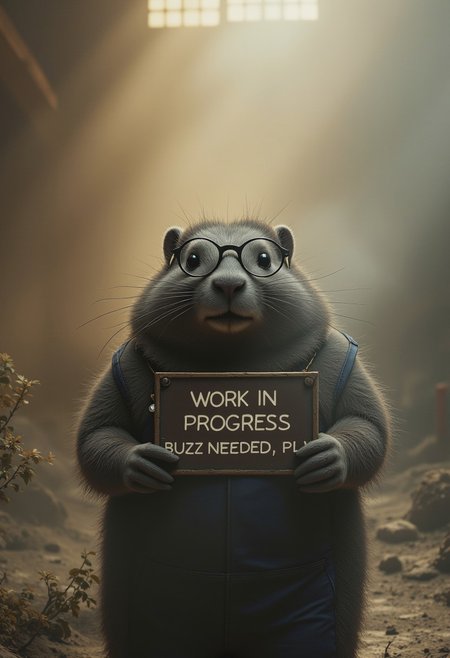 Photography, National Geographic style, dutch angle, A happy chubby grey marmot with thin round glasses, wearing blue work overall, adjustable wrench poking out of pocket, holds a sign with text saying "WORK IN PROGRESS. BUZZ NEEDED, PLZ !", tiny laptop computer under the arm,  in a victorian steampunk style with neon details. Background shows an empty wood warehouse, dust on the floor, light and dust particles floating in the air in a warm sun ray from side window, Vibrant Glow, rule of third, gold number proportions, dutch angle, perfect cinematic light