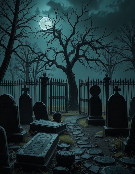A dark and eerie cemetery shrouded in mist, with ancient, weathered tombstones covered in moss. The scene is dimly lit by a pale, ghostly moonlight filtering through twisted, leafless trees. Cracked stone pathways lead through the graveyard, partially hidden by overgrown grass and creeping ivy. A few old, gothic-style mausoleums stand in the background, their iron gates slightly ajar, adding to the mysterious and haunting atmosphere. Wisps of fog swirl around the gravestones, enhancing the eerie mood. The overall color palette consists of deep blues, grays, and muted greens, creating a cold and unsettling ambiance. The image is highly detailed and photorealistic, capturing the textures of the aged stone, the fogâs movement, and the ominous shadows stretching across the ground. 
<lora:SDXLFaeTastic2400:0.4> <lora:extremely_detailed:0.4> extremely detailed,<lora:33r13_c3m3t3ry-ill:1>,33r13 c3m3t3ry, Masterpiece,best quality,hi res,8k,hi res,8k,award winning,(sharp focus, intricate, highly detailed),