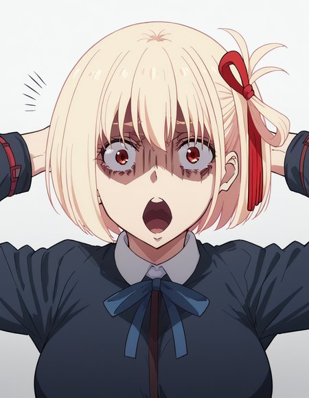 score_9, score_8_up, score_7_up, source_anime, chisatonishikigi, <lora:chisato-nishikigi-s1-ponyxl-lora-nochekaiser:1>, chisato nishikigi, short hair, bangs, blonde hair, red eyes, hair ribbon, one side up, bob cut, large breasts,, <lora:shocked-black-guy-ponyxl-lora-nochekaiser:1> shocked black guy, open mouth, looking at viewer, hands behind head, shaded face,, , ,