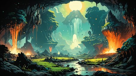alien landscape, Subterranean rivers flowing through phosphorescent caves, Steaming geysers amidst volcanic landscapes , alien [flora:fauna:0.5], Sunrays shine upon it, <lora:Ive_Got_The_Power:0.8>, <lora:gorgoeus_splash_of_vibrant_paint:0.7> Gorgeous splash of vibrant paint, <lora:MJ52:0.4>