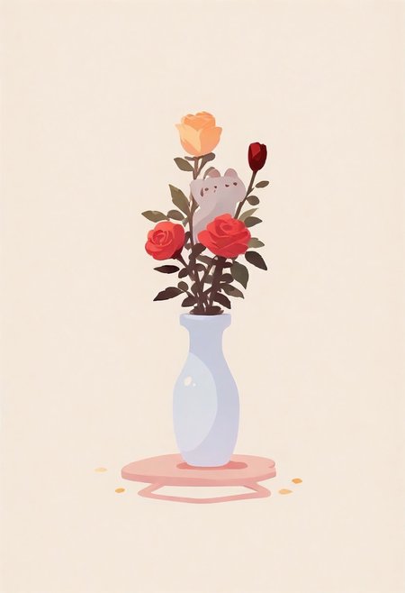 simple background, beige background, jumping gray cat, vase in the back, rose, 
BREAK 
masterpiece, best quality, good quality, very awa, very aesthetic, absurdres, newest, (Perfect details),(****), haiz_ai, no lineart,no outline,