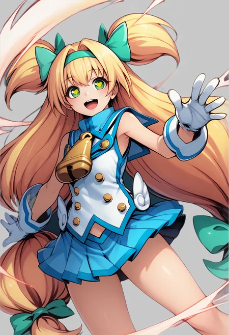 score_9, score_8_up, score_7_up, source_anime BREAK 1girl, solo, <lora:bb_platinum:1>, bb_platinum, cowboy shot, 140cm taller, white shirt, blue sailor collar, neck bell, white gloves, bare shoulders, blue skirt, blonde hair, hair intakes, bangs, green hair bow, green hairband, long hair, low-tied long hair, quad tails, two side up, green eyes, heart-shaped pupils, looking at you, smile, open mouth, bare legs, dynamic pose, <lora:DynamicPose_alpha1.0_rank4_noxattn_100steps:1.5>