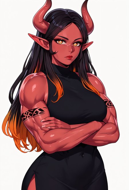 score_9,score_8_up,score_7_up, <lora:succuboos_style_pdxl_goofy:1>1girl, arm tattoo, artist name, bare shoulders, black dress, black hair, black horns, closed mouth, colored skin, crossed arms, demon girl, demon horns, dress, fingernails, horns, lips, long hair, looking at viewer, multicolored hair, muscular, muscular female, navel, orange eyes, pointy ears, red hair, red lips, red skin, simple background, sleeveless, sleeveless dress, solo, tattoo, tiefling, two-tone hair, white background
