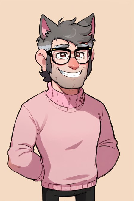 fordpines, 1boy, solo, male focus, mature male, old man, smile, upper body, muscular, short hair, grey hair, brown eyes, thick eyebrows, glasses, black-framed eyewear, facial hair, stubble, sideburns, cat ears, animal ears, pink sweater, black pants, standing, simple background <lora:Stanford (Ford) Pines SDXL_LoRA_10r_10e_32i_nr32_a16_SDXL:0.7>
