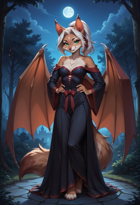 score_9, score_8_up, score_7_up, 
source_furry, high quality, perfection, detailed, aesthetic, well-lighted,
1girl, solo, full body,
night, outdoors, mansion, forest,
furry female, anthro, furred body, fluffy fur, beautiful girl, cute girl, adult, youthful, beautiful face, beautiful eyes, perfect eyes, detailed eyes,
vampire, bat girl, light-brown fur, medium breasts, fangs, green eyes, white hair, ponytail,
black dress, bare shoulders, wide sleeves, wings,
standing, posing, smug,