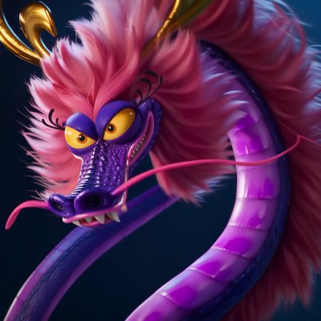 score_9, score_8_up, score_7_up, masterpiece, best quality, highly detailed, realistic, 1girl, solo, (BelleDG, furry, feral, scalie, eastern dragon, gold horns, pink hair, eyelashes, yellow sclera, brown eyes, black pupils, pink whiskers, pink lips, purple body, pink body, purple scales, pink scales, two tone body, two tone scales, pink fur, long body, side view), looking at viewer, smile, fangs, closed mouth, narrowed eyes, Expressiveh, blue background, simple background