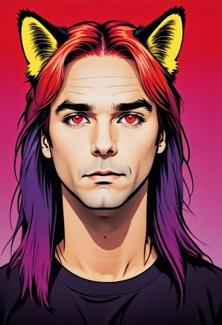 prtxztl, solo, multicolored hair, red eyes, long hair, gradient, gradient background, shirt, looking at viewer, pop art, screenprinting, halftone printing, contemporary art, modern art, graphic art, commercial art, bold colors, bold lines, comic book style, comic art, advertising art, kitsch, retro style, vibrant colors, animal ears, solo, cat ears, multicolored hair, red eyes, long hair, gradient, gradient background, shirt, looking at viewer, flat color, newsprint texture,flat color, art by Andy Warhol and Roy Lichtenstein