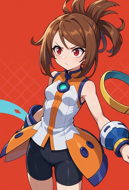 score_9, score_7_up, source_anime, BREAK   <lora:GunvoltMain:1> Azure Striker Gunvolt(Main), bike shorts,, frown, 1girl, red eyes, tsurime, brown hair, medium hair, asymmetrical bangs, swept bangs, flipped hair, folded ponytail, small breasts,