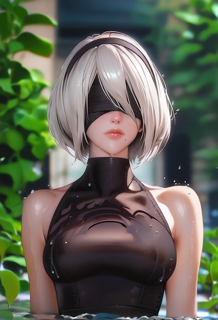 score_9, score_8_up, score_7_up, 1girl, solo, breasts, short hair, dress, bare shoulders, medium breasts, closed mouth, upper body, white hair, hairband, sleeveless, mole, blurry, black dress, lips, wet, depth of field, blurry background, turtleneck, phone, cellphone, black hairband, wet clothes, mole under mouth, facing viewer, smartphone, rain, water drop, blindfold, wet hair, covered eyes, black blindfold, yorha no. 2 type b