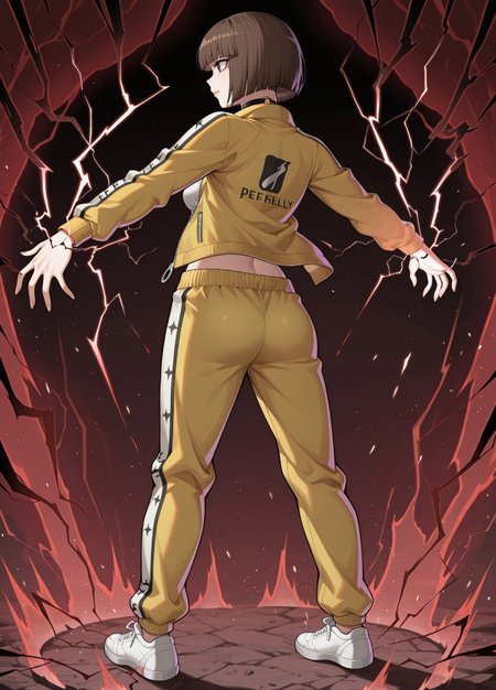 unholy-aesthetic, masterpiece, best quality, amazing quality, absurdres, 

ff_kelly, defkelly, 1girl, solo, brown hair, bobcut, blunt bangs, brown eyes, lips, medium breasts, navel, o-ring chocker, yellow jacket, open jacket, white cropped top, yellow pants, track pants, white footwear, puma (brand),

Conqueror's Haki, aura, (red and black electricity:1.3), from behind, back view, full body, dark background