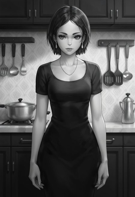 Graphic Design, greyscale, monochrome, intricate details, high contrast, detailed background, beautiful detailed, beautiful face, detailed eyes, detailed face, new, k4r1n4, 1girl, jewelry, solo, short hair, earrings, necklace, black hair, black dress, short sleeves, looking at viewer, cowboy shot, kitchen, dynamic pose, (masterpiece, best quality, newest, recent, absurdres),