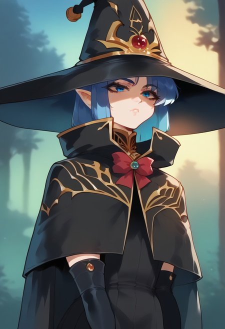 score_9, score_8_up, score_7_up, 1girl, blue eyes, blue hair, emoa, sleeveless turtleneck, capelet, witch hat, elbow gloves, outdoor, rocks