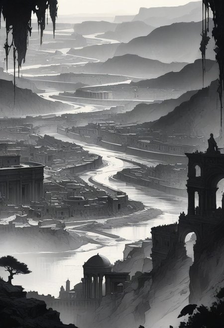 masterpiece, best quality, high contrast,16k wallpaper, High resolution, intricate, smooth, sharp focus, detailed illustration, overview, ancient roma city, river,