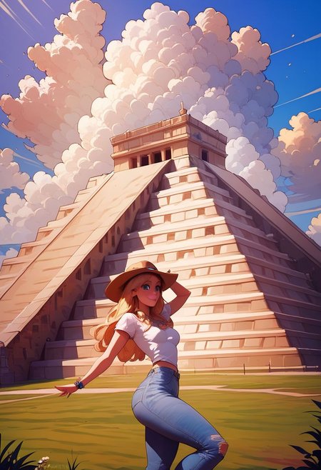 score_9, score_8_up, score_8, medium breasts, (curvy), cute, eyelashes,     
BREAK,
zzChichenItza,
1girl, long hair, hat, day, cloud, building, denim jeans, 
zPDXL,