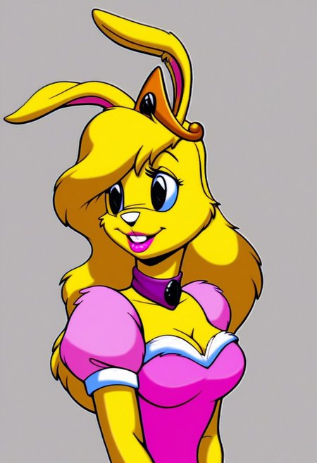score_9, score_8_up, score_7_up, score_6_up, score_5_up, score_4_up, retro artstyle, BREAK 
LoriJackRabbitPXL, rabbit girl, long blonde hair, yellow fur,1girl, breasts, solo, pink dress, dress, traditional media, cleavage, crown,black eyes, furry, yellow skin, large breasts, puffy sleeves, puffy short sleeves, short sleeves, furry female, makeup, choker,yellow hair, lipstick, marker \(medium\), upper body
<lora:lorijackrabbit-v1:0.9>
