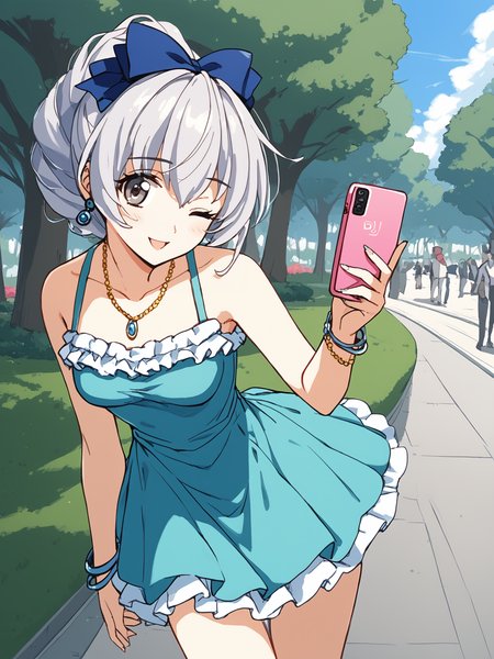 score_9, score_8_up, score_7_up, score_6_up, source_anime, BREAK
1girl, <lora:FMP_Teletha_Testarossa_Pony_v1:0.9>, (ultra-detailed:1.5), (outdoors, park, crowds:1.5), (ruffle dress:1.5), teal dress, sleeveless, bare shoulders, bow, jewelry, grey hair, hair bow, one eye closed, necklace, bracelet, grey eyes, phone, musical note, eighth note, earphones, digital media player, listening to music, smile, bare legs, thigh gap, thighs, small breasts, miniskirt,