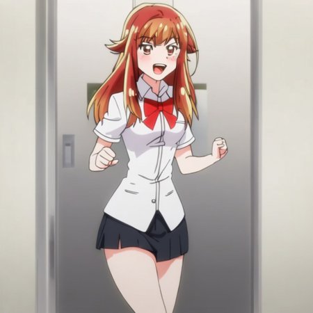 aoi yuzuki , uniform , standing ,  hand gestures ,  full body , sexy legs , blush , smile , mouth open