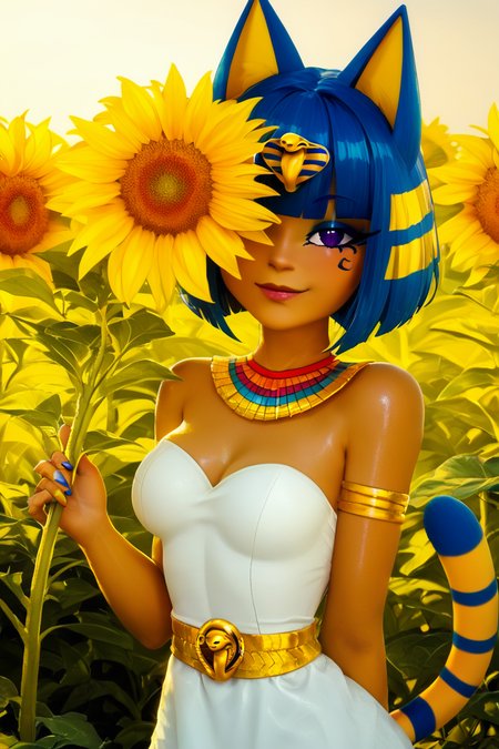 score_9, score_8_up, score_8, medium breasts, (curvy), cute, eyelashes,       BREAK, , BREAK, zzEgyptian, animal crossing, animal ears, zzAnkha, armlet, backlighting, bare shoulders, belt, blonde hair, blue hair, blunt bangs, blunt ends, bob cut, cat ears, cat girl, cat tail, closed mouth, cropped, daniel deng, dark skin, dress, eye of horus, eyelashes, eyes visible through hair, facial tattoo, humanization, purple eyes, shiny skin, short hair, slit pupils, tattoo, usekh collar, white dress , <lora:Egyptian_PDXL:0.8>,, zzSunflower, upper body, outdoors, hand up, portrait, one eye covered, yellow flower, holding flower, <lora:Sunflower_PDXL_v2:0.8>, <lora:Puppypaww_Style_PDXL_v2:0.8>, BREAK,  smile, looking at viewer, cowboy shot,  embedding:zPDXL, Expressiveh, <lora:SDXLFaeTastic2400:0.5>,  <lora:Expressive_H-000001:0.4>,