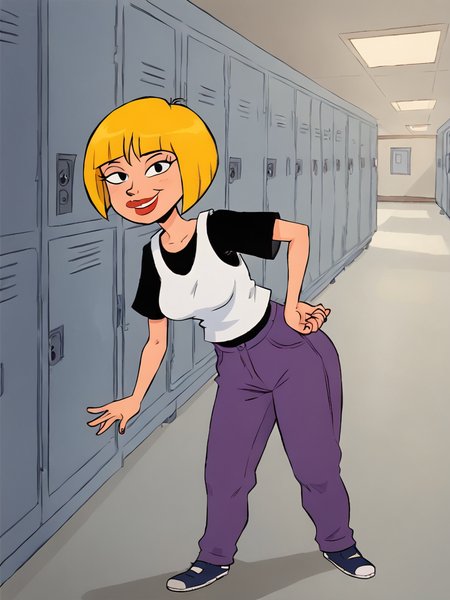 nazz, lips, white vest, 1girl, black t-shirt, solo, blonde hair, short hair, purple pants, bob cut,smile,looking at viewer,simple background, breasts, school,locker, hallway,   <lora:Smooth Anime Style LoRA XL:1> <lora:NazzPony1.0:0.6>,