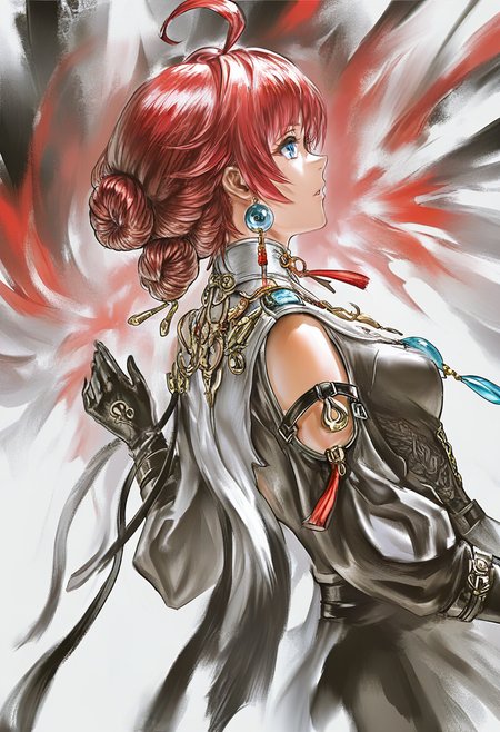 1girl, solo, jewelry, blue eyes, earrings, gloves, red hair, ahoge, black gloves, white background, shoulder cutout, braid, dutch angle, from side, long sleeves, hair bun, clothing cutout, necklace, upper body, short hair, parted lips, profile, simple background, dress <lora:YLXL_NBVP1_lokr_V6311P:0.95>