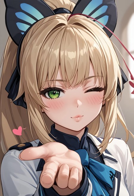 score_4,score_5,score_6,score_7_up,score_8_up,score_9 ((masterpiece,best quality,ultra detailed,highres,HD,4k:1.2))
1 girl,solo,girl forcus,solo forcus,
Lumen, blonde hair, light blonde hair, long hair, bangs, green eyes, ponytail, butterfly hair ornament, antennae,
<lora:blowing-kiss-ponyxl-lora-nochekaiser:1>, blowing kiss, pucked lips, heart, one eye closed, o3o, looking at viewer, hand up,Pouting lips,pointing fingertips towards viewer,
blush,shy,smile,Half-closed eyes, squinting, staring,jitome,