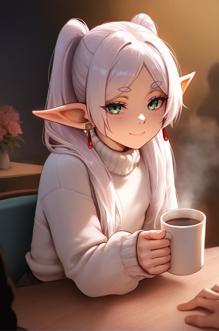 1girl, frieren, sensitive, coffee mug, table, cafe, solo focus, sitting, looking at viewer, hand on table, bouquet, flower, vase, (steam:1.3), white sweater, cozy, light smile, warm lighting, holding cup, (axsen, as109:0.8), masterpiece, best quality, very awa, newest