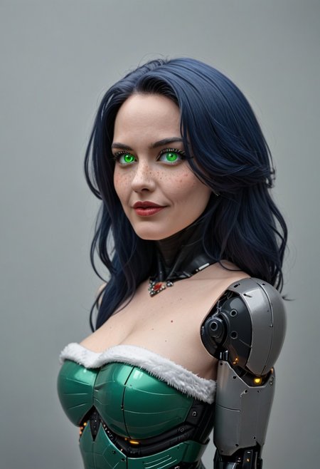 A 35mm photo of  two beautiful 20 year old woman, they are humanoid robots , robotic body, emerald green robotic eyes, freckles, smooth featureless silver grey robotic skin, robotic aerials, metallic dark blue hair, elegant red Christmas satin dress with white fur trim, 
TheFaceLess, noface, cyborg