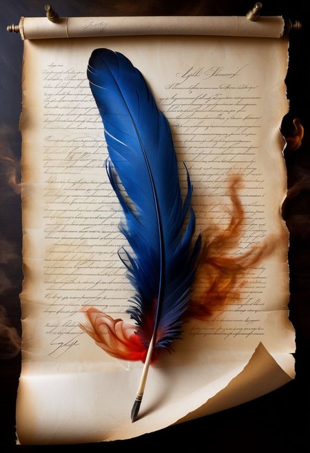 mysterious phoenix feather gliding through the air, feather dissolving into smoke, single drop of deep blue ink dropping from the tip of the feather into a half full ink pot while an old piece of aged paper scroll with beautiful writing and burning edges is hovering in the middle of it all, lightrays backlighting glorious feather, burning paper scroll dissoliving into smoke, lightrays backlighting smoke, fading blue red background, by Minjae Lee, Carne Griffiths, Emily Kell, Steve McCurry, Geoffroy Thoorens, Aaron Horkey, Jordan Grimmer, Greg Rutkowski, amazing depth, double exposure, surreal, geometric patterns, intricately detailed, bokeh,  perfect balanced, deep fine borders, artistic photorealism , smooth,  great masterwork by Suiras  <lora:add-detail-xl:2>  <lora:Double_Exposure:0.5>