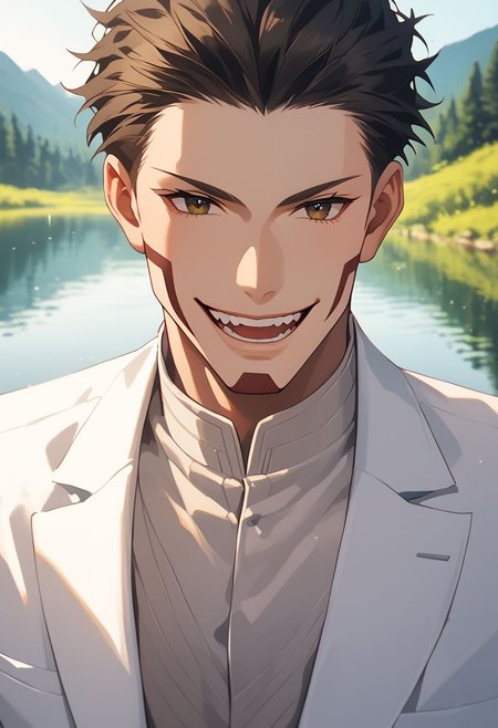 score_9, score_8_up, score_7_up, source_anime, rating_safe, Krom, 1boy, male focus, wide smile, open mouth, teeth, white suit, finely detailed face, at a blurry lake,