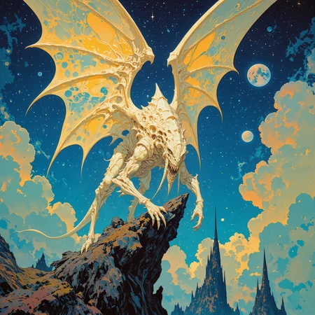 ultra high resolution, 8k,4k, creature focus, full view, very aesthetic, unfathomable and mind-bending scenery on a distant planet, extremely detailed, famous artwork inspired by alois arnegger, sci-fi style, fractal art, the "reckless bonephrumbler" is an astonishing ghostly creature with embordygored translucent wings, it is well camouflaged amidst the floating islands and obzerning cloud-reefs of its dangerous habitat on planet "tumbling tim", symmetrical anatomy, dappled lighting, golden ratio, ovg, in the style of ckpf, amanoer, <lora:style-painterly_fantasy-flux-by_chronoknight:0.76> <lora:style-retro_anime-flux-by_lizardman245:0.36> <lora:style-yoshitaka_amano-elden_ring-flux-by_alicient:0.52>